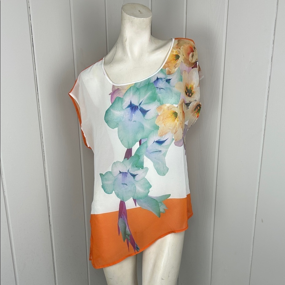 Clover Canyon Multicolor Floral Blouse sheer small asymmetrical  shirt top boho